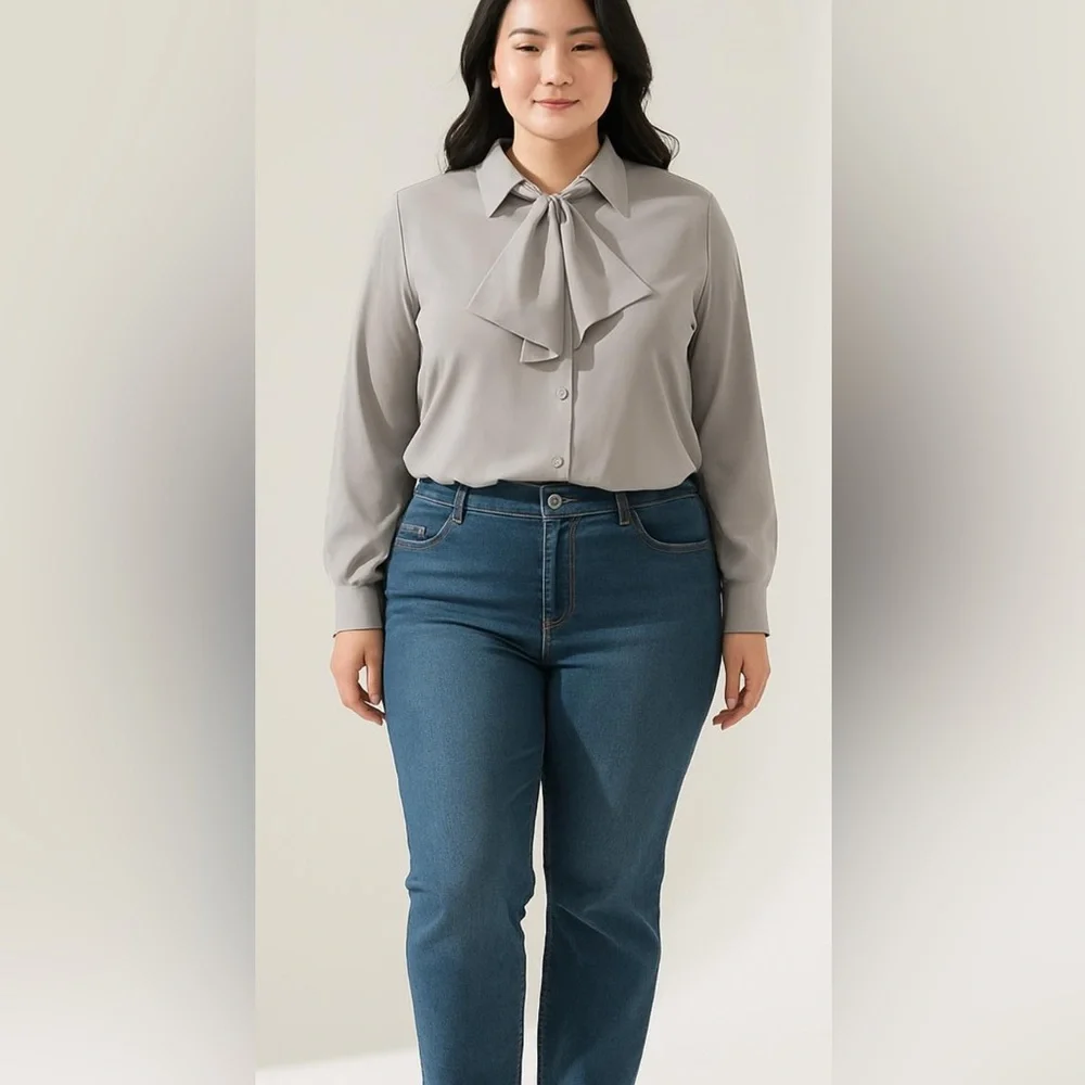 Yves St. Clair Gray Button Down Blouse with Notched Collar - Picture 2 of 4